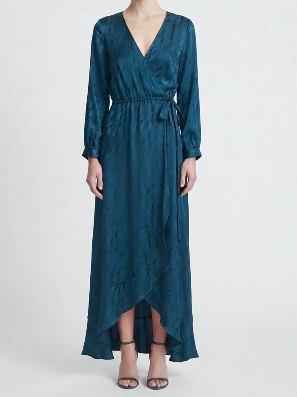 Amour Vert 100% Silk Teal Leaf Jacquard Wrap Maxi Dress Medium